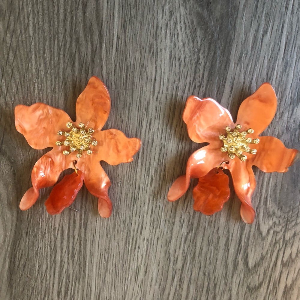 Orange Floral Statement Earrings with Gold Accents NWOT